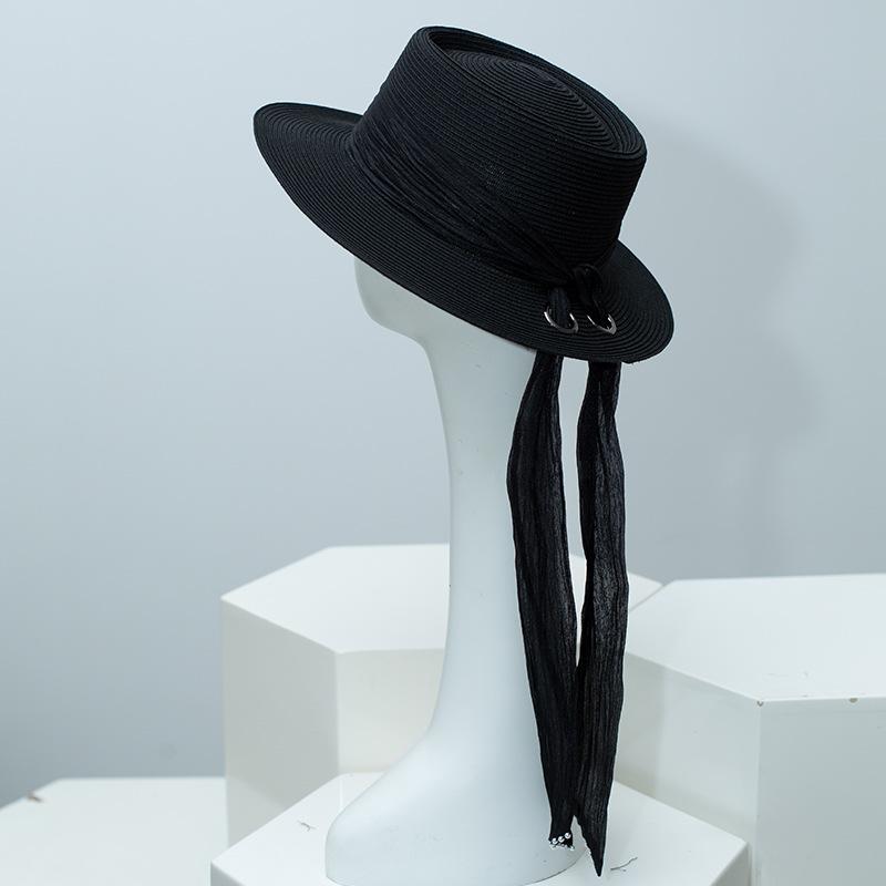 

New Fashion Women s Travel Sunscreen Flat Top Boater Hat Female British Style Sunshade Holiday Light Beach Sun Straw Hat Gift 56-58CM чорний