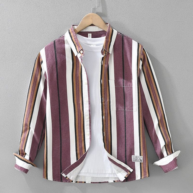 Spring Japan fashion Retro Stripe Color Matching High-Grade Pure Cotton Long sleeve Shirts Men's Shirt Outerwear Hong Kong British Style