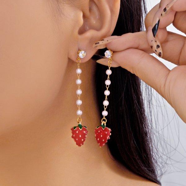 Korean Sweet Cute Strawberry Ribbon Bowknot Drop Earrings for Women Cute Fruit Cake Cup Dangle Earring Girls Lovely Zircon Gift
