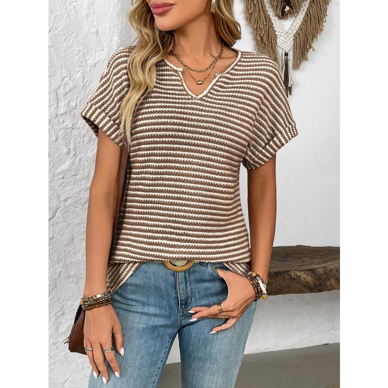 Summer New Women's V-neck Short-sleeved Loose Striped Casual Pullover T-shirt