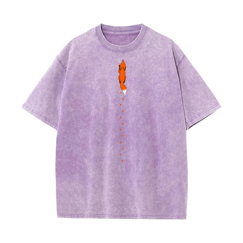 

Cartoon Running Away Fox Labor Day Cotton Fabric Crew Neck Tops Tees Letter Washed Tees Graphic Washed Retro T Shirts S