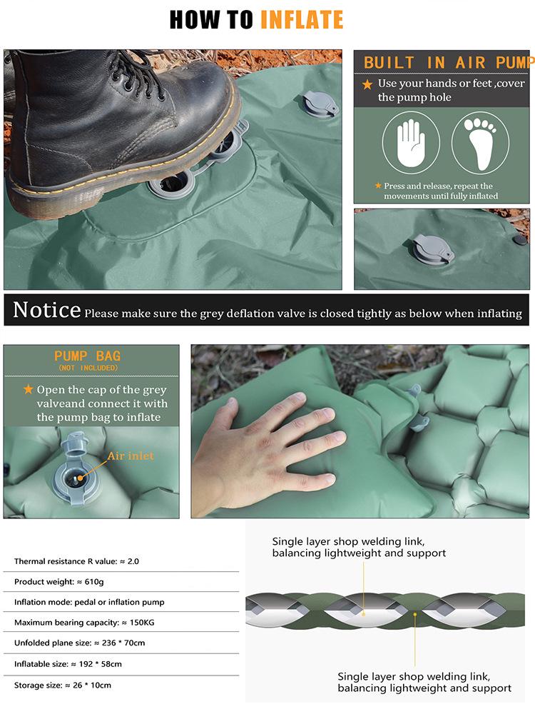 Lightweight Inflatable Sleeping Pad with Foot-Pump, 600g, Moisture-Proof Camping Nap Mat - Color L18