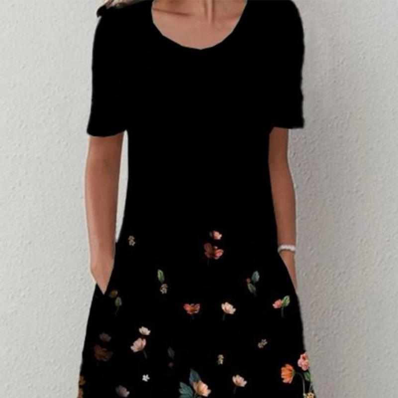 Spring and Summer Floral Print Crew Neck Pocket Women's Fashion Casual Crew Neck Trend Print Medium and Long Dress