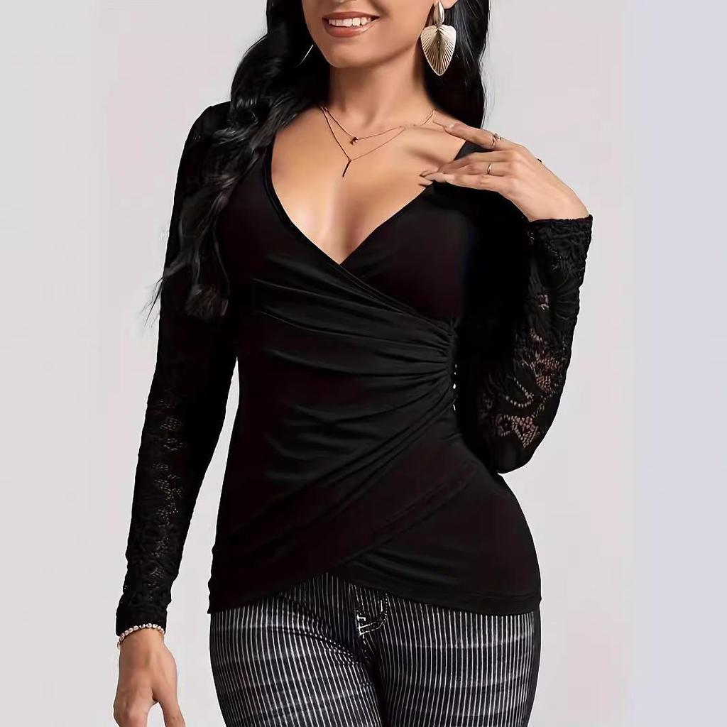 2024 Autumn/Winter Slim Fit Solid Color T-Shirt with Lace Sleeves for Women