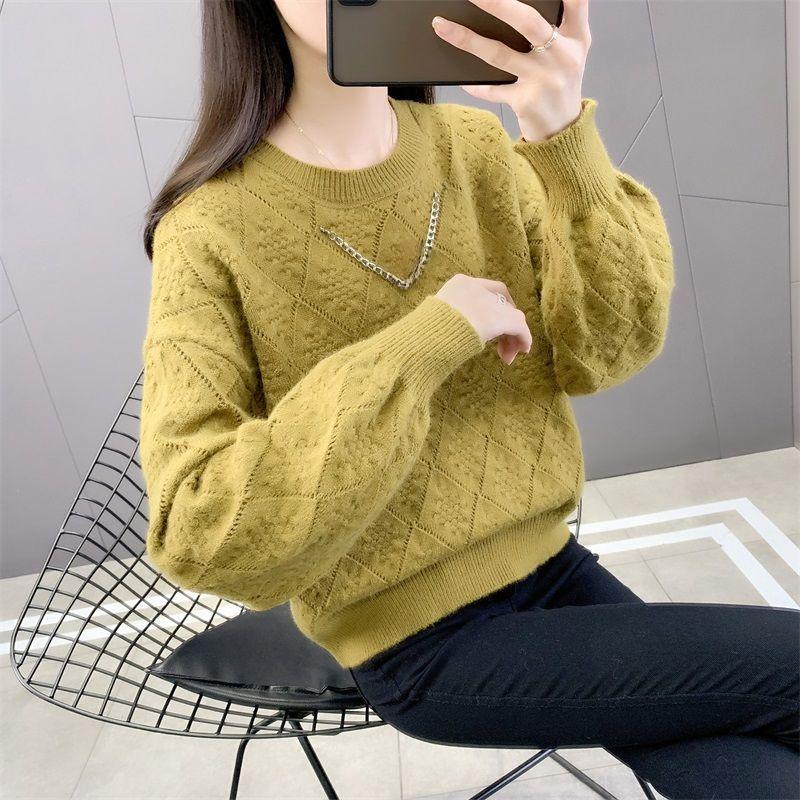 

Круглый вырез с рукавами-фонариками, женский короткий свободный свитер с длинными рукавами на весну и осень 3XL