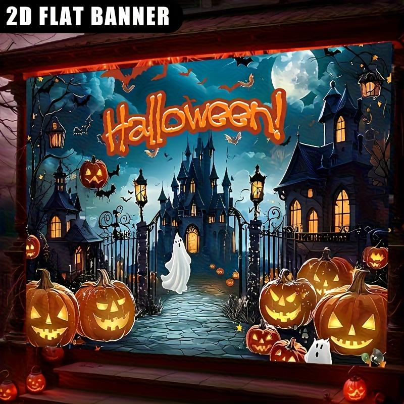 1 piece of 2D flat banner a Halloween banner poster with a horror castle design and a pumpkin monster theme.PMJ