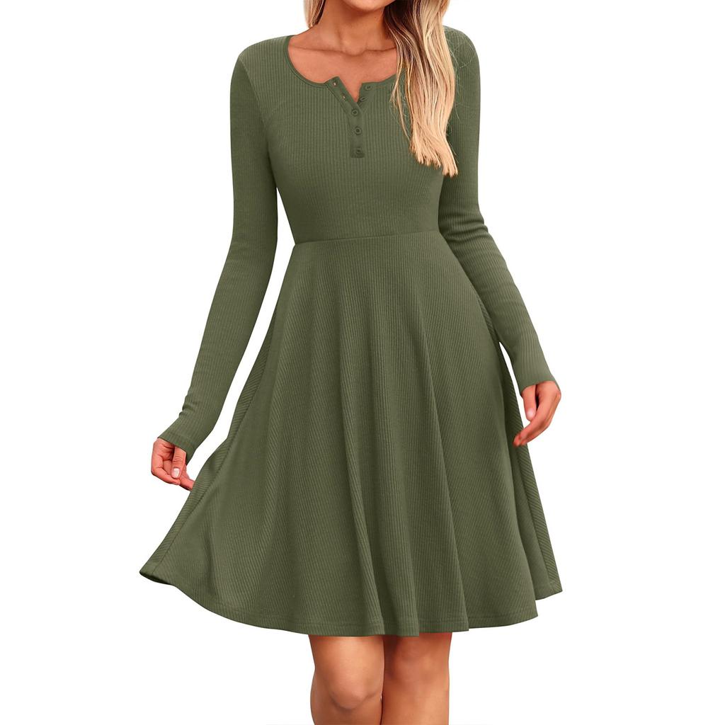 Women's Long Sleeve Dress Casual Ribbed Knit Round Neck Button Down Dresses