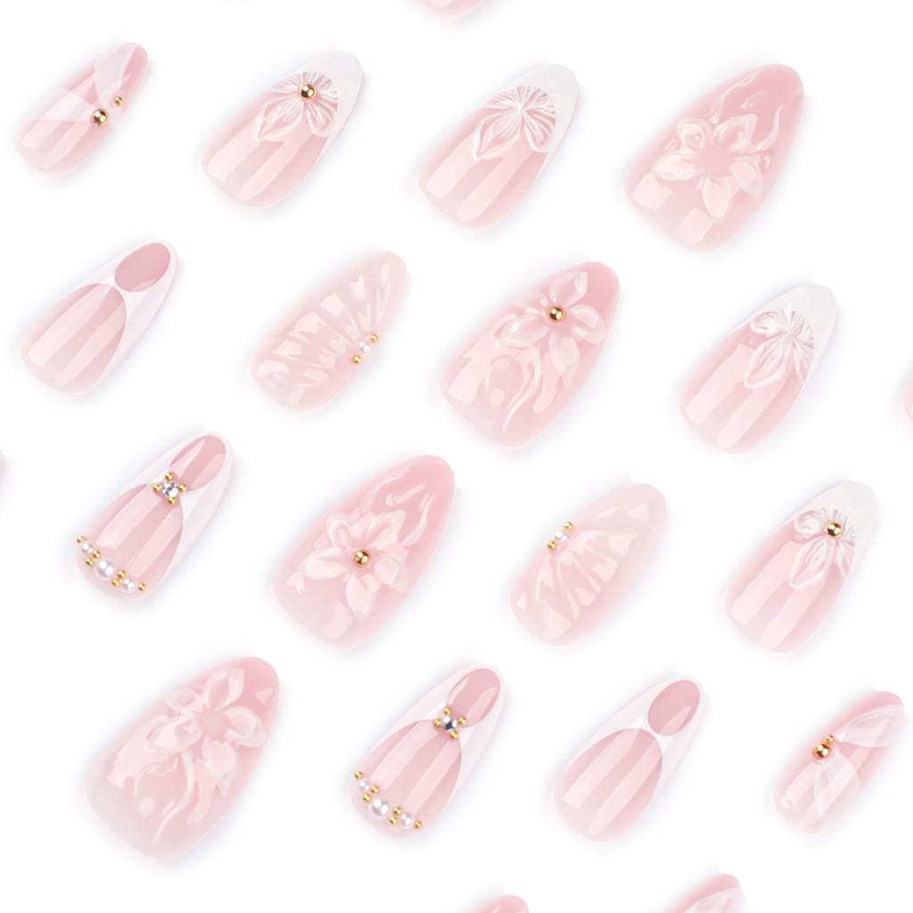 3D Floral Art Almond Shapeds Fake Nail For Women Comfort Fit ABS Material Salon Quality Easy Application