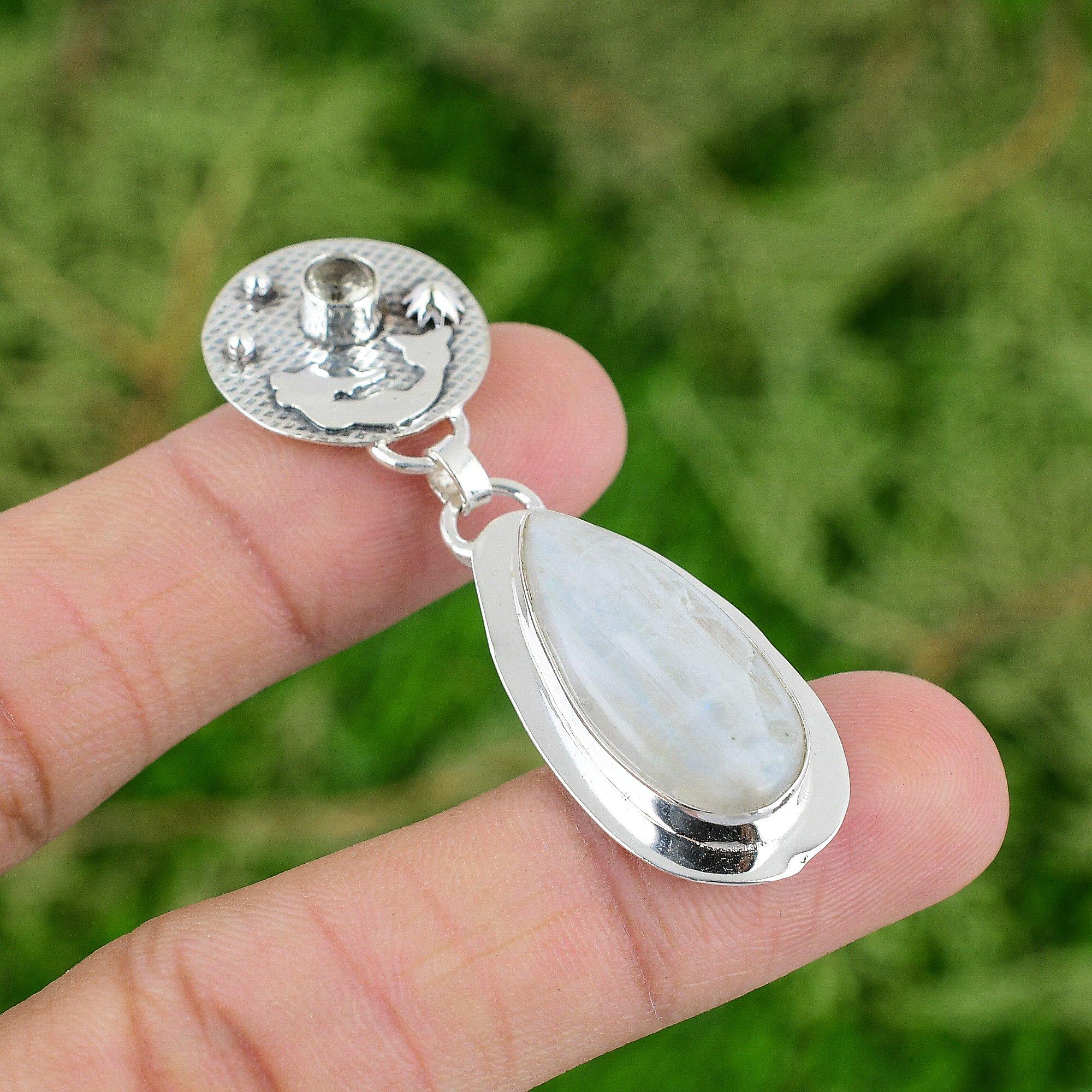 

Rainbow Moonstone Gemstone White Topaz Bezel Mermaid Pendant 925 Sterling Silver