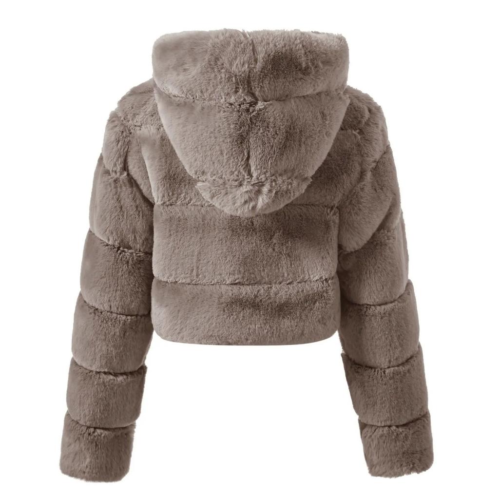 Y2k Streetwear Women Autumn Winter Faux Fur Coat Hooded Cropped Jacket Fur Coat Long Sleeve Cardigan Soft Tops Vintage Harajuku