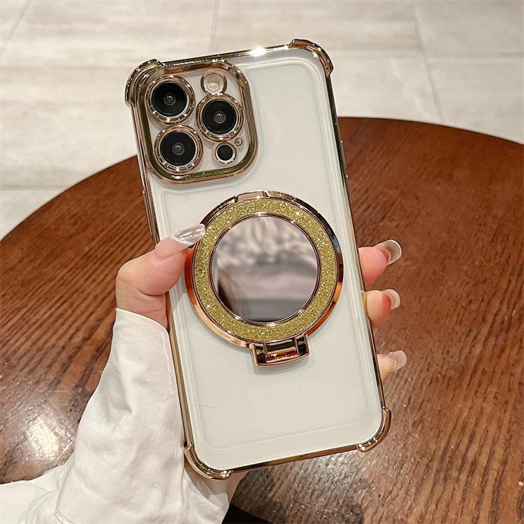 Four Corner Plating Is Suitable for Apple 16PRO Flash Powder Mirror Mobile Phone Case Iphone12/11 Ring Support Protective Cover
