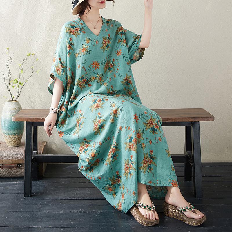 DIMANAF 2024 Plus Size Summer Women Beach Dress Basic Holiday Floral Print Loose Style Vintage Long Dresses