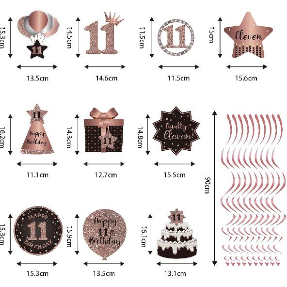 BRT Bearingshui Happy 11th Birthday Hanging Swirls Streams Ceiling Decorations, Celebration 11 Foil Hanging Swirls with Cutouts for 11 Years Old Rose