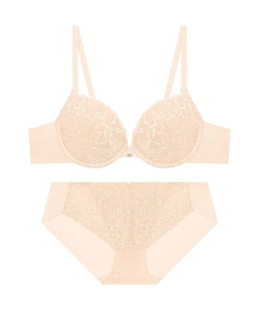 Elleuineoweeo Adela Deep V Lace Bra And Panty Set - Skin