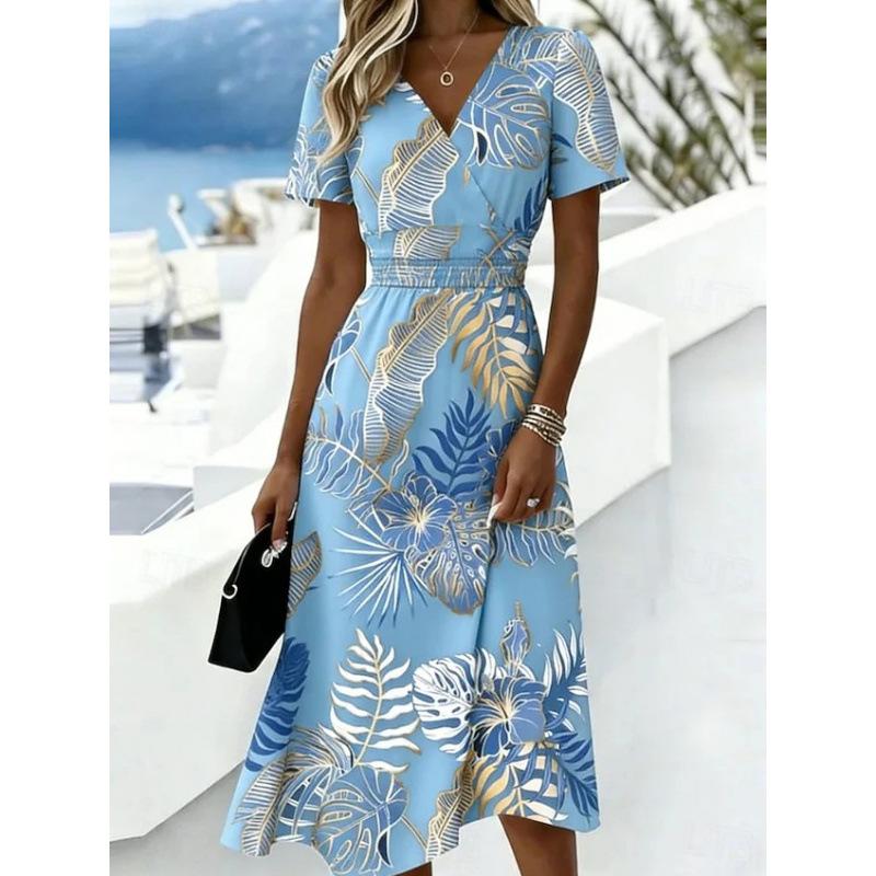 Vestido Midi Floral de Manga Corta con Cuello en V para Mujer Ropa Casual de Vacaciones