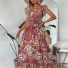 Long Printed Dress Women A Line Ruffled Waist Depth V Spring Summer S-XL