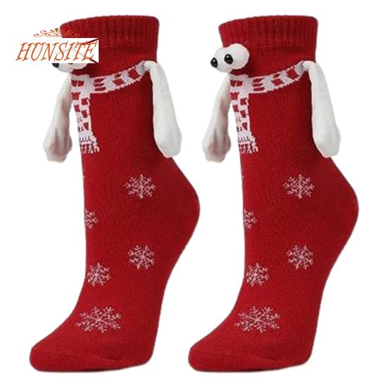 

1 пара рождественских носков, парные носки с магнитными застежками, принт снежинок, забавные большие глаза, милые носки средней длины красный