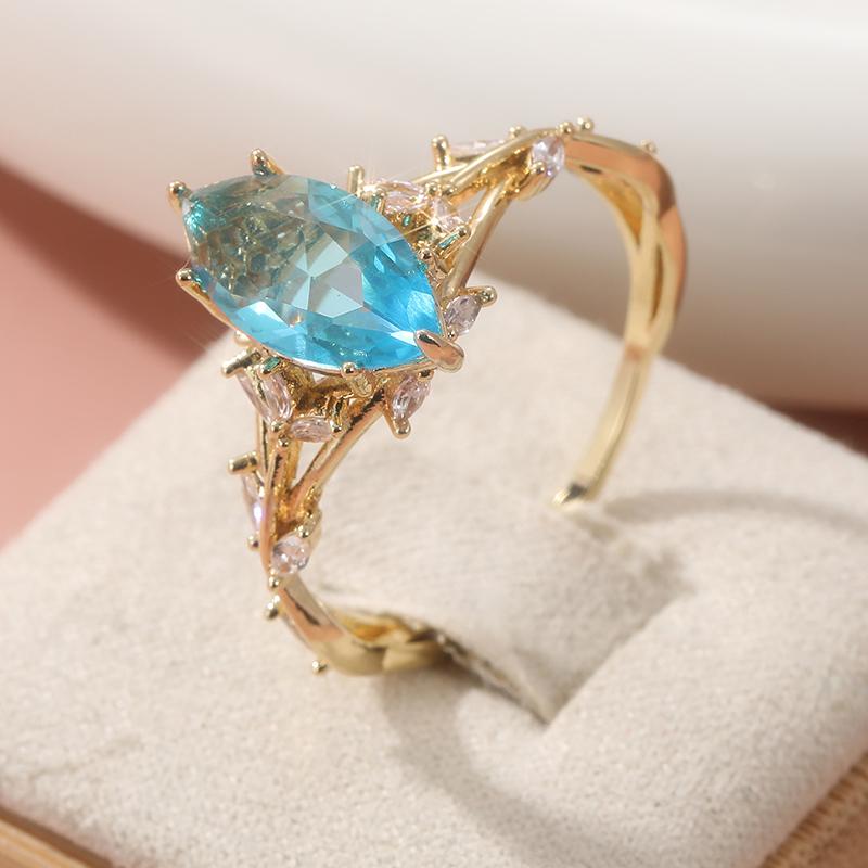 Gorgeous Gold Color Sea Blue CZ Women's Ring Hang Carving Geometry Daily Wear Party Jewelry