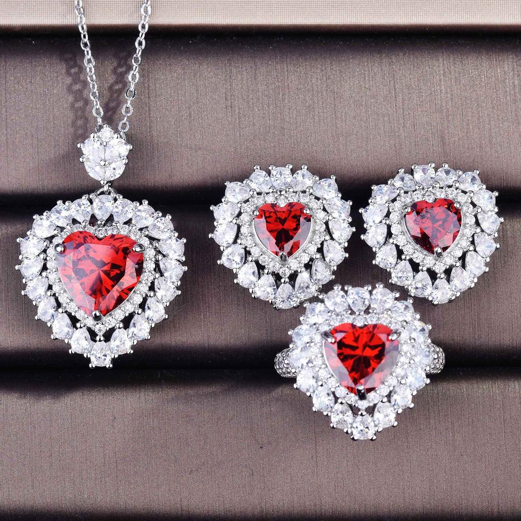 Imitation Natural Pomegranate Red Necklace, Princess Diana Love-Shaped Micro-Inlaid Ring Stud Earrings Pendant Set