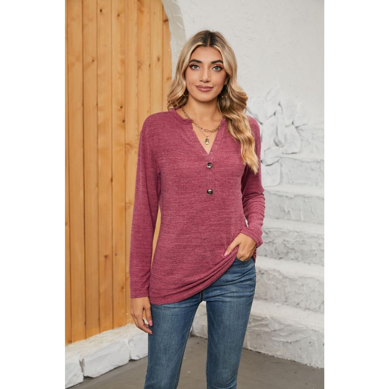 

GMXIA Fall Women s Casual V-neck Buttoned Long Sleeve T-shirt Top XXL темно-красного