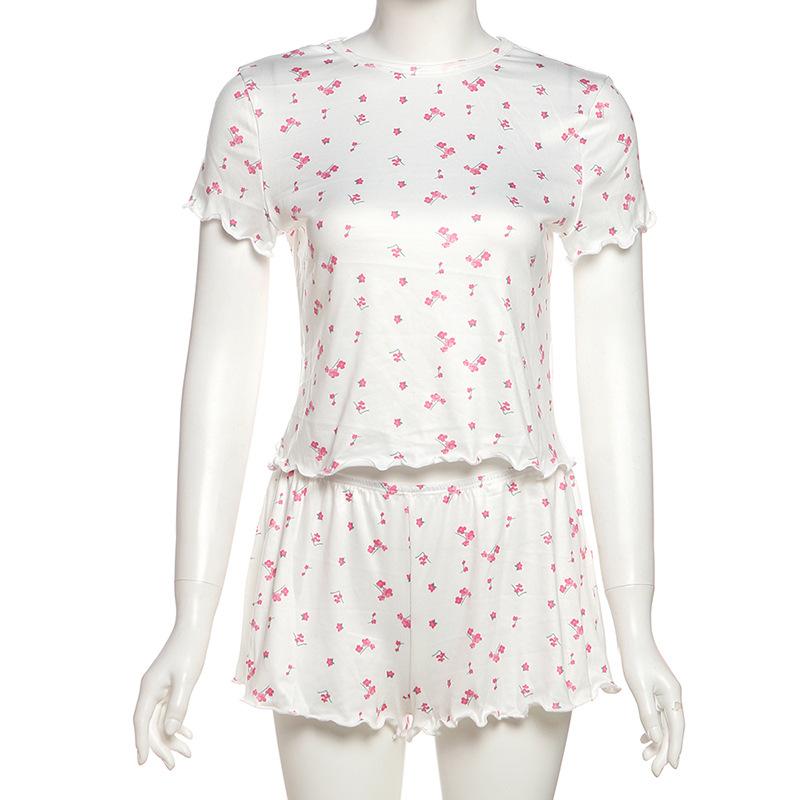 

European and American new summer women s clothing casual fashion slim-fit flower-printed navel pajamas and shorts two-piece set XL рожевий