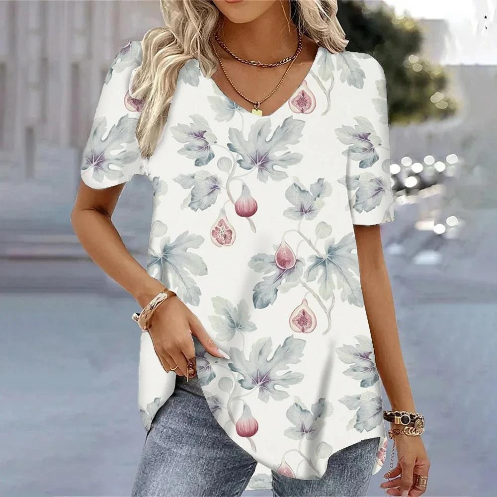 2024 New Women T-shirt Simple Floral Print Top Plus Size Women's Trend Clothing Fashion Short Sleeve Shirt Oversized V-Neck Tee