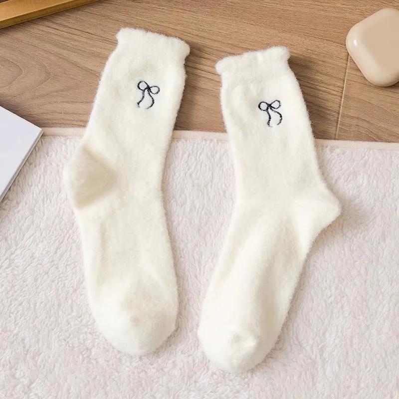 1/5pcs Cozy Hairy Mink Velvet Socks Bow Autumn Winter Hosiery Thickened Plush Socks Warm Sleep Home Fluffy Socks For Women
