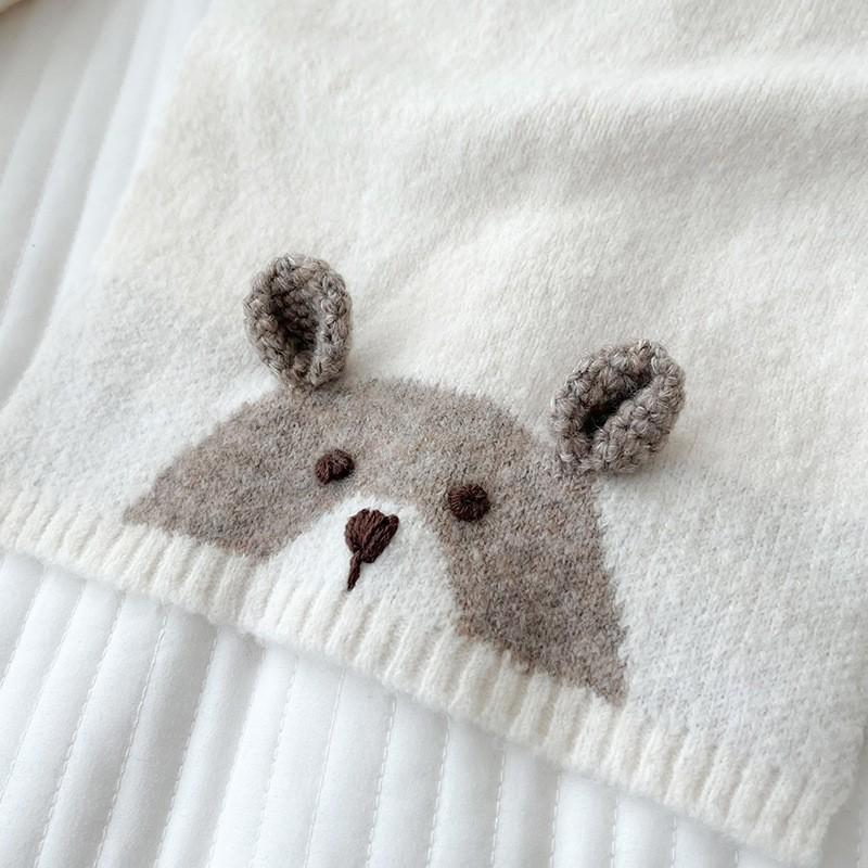 Cozy Knitted Scarf With Cute Animal Embroidery Women Winter Warm Soft Plush Neck Wrap In Gray Or Cream