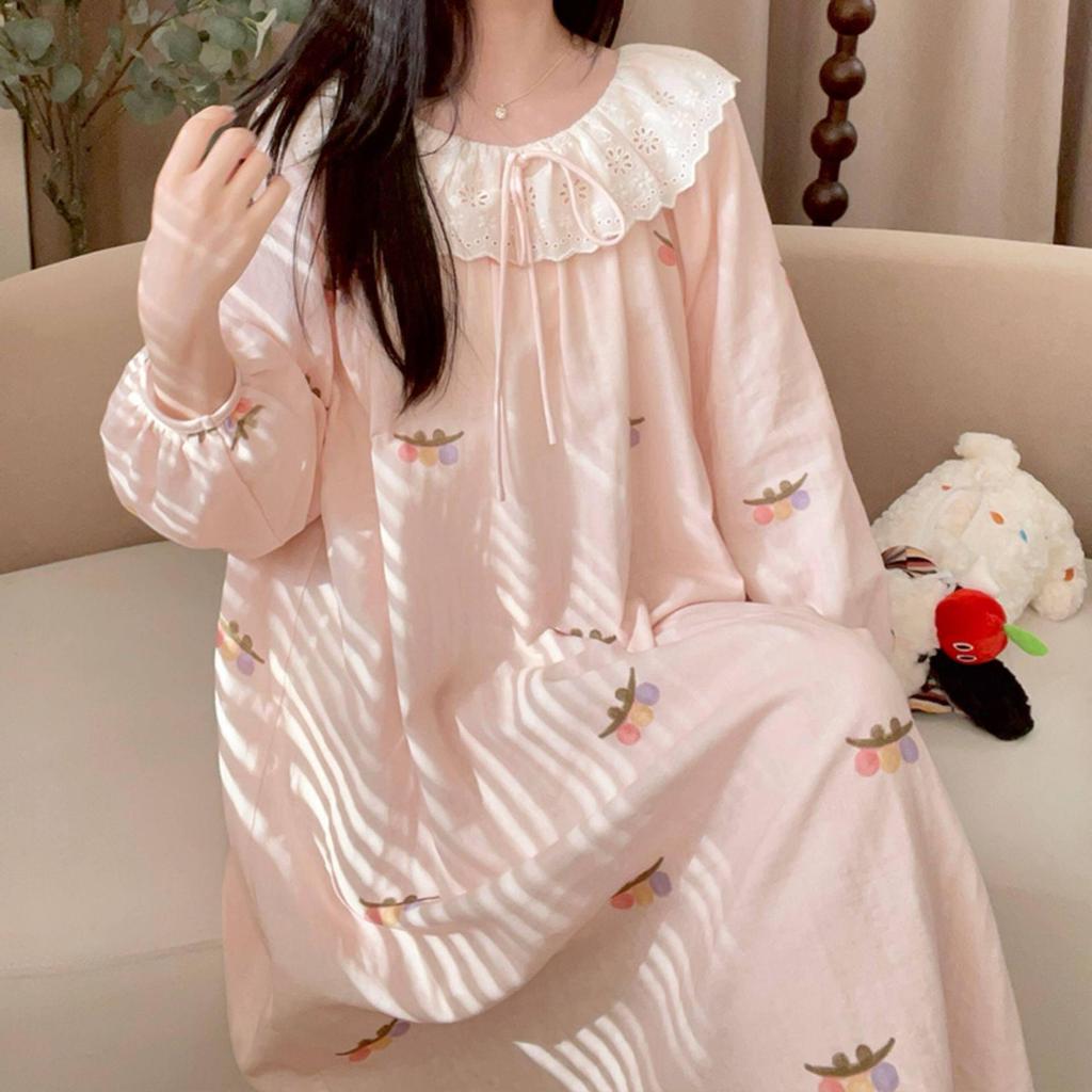 Women's Cloud Cotton Midi Pajama Dress - Fresh Lace, One Size, for Spring & Autumn