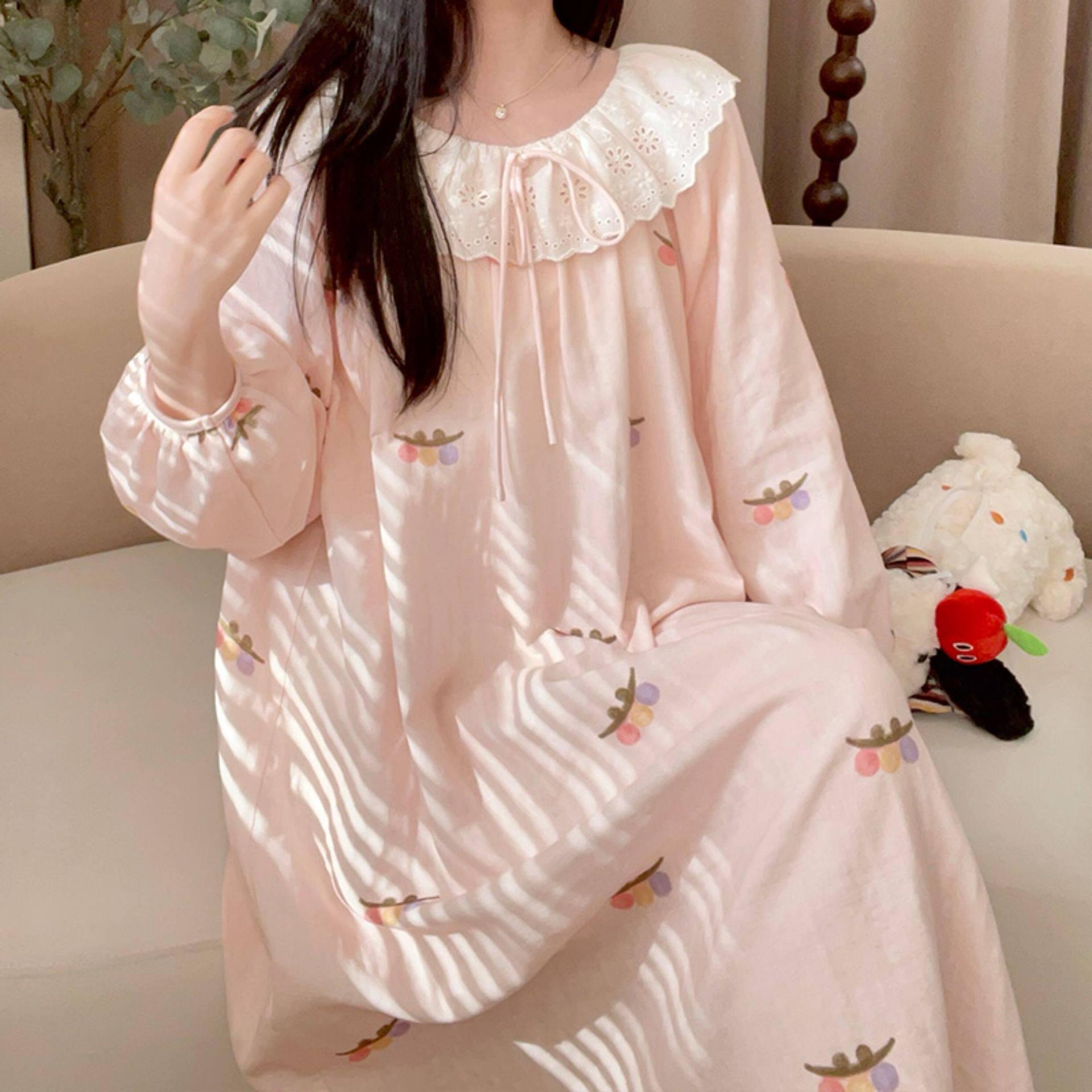 

Женское платье-пижама Свежее кружево Облачный хлопок - Один размер, средней длины, для весны и осени One Size