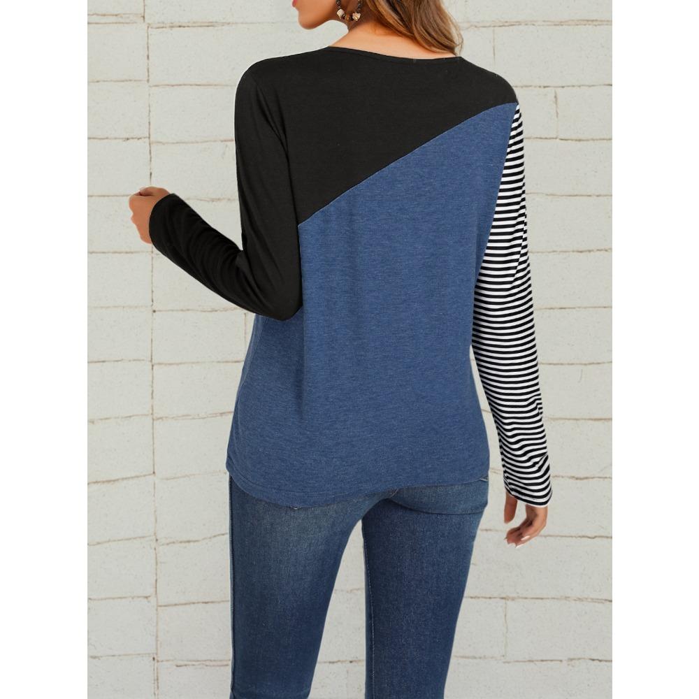 Women's Autumn and Winter Striped Pattern and Color Block T-shirt