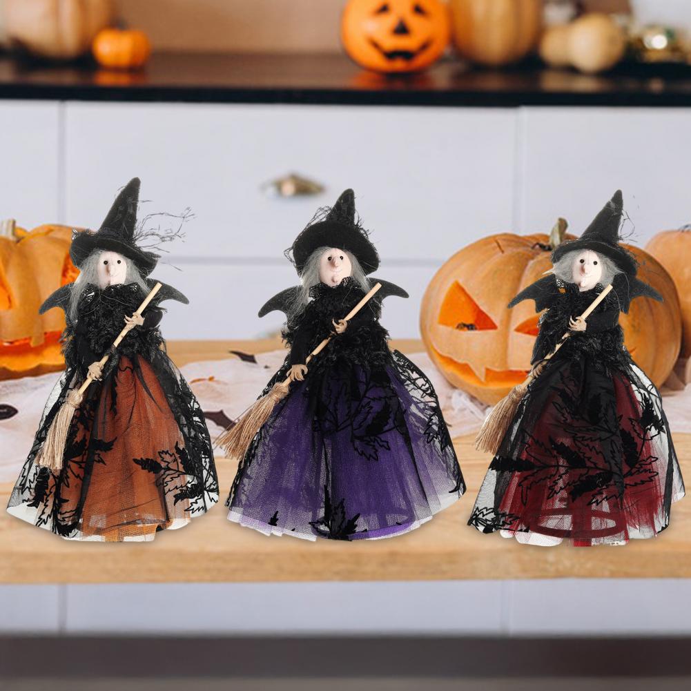Conical Base Witch Decoration Spooky Halloween Witch Doll with Broom Gauze Skirt Small Figurine for Home Decor Parties Carnivals