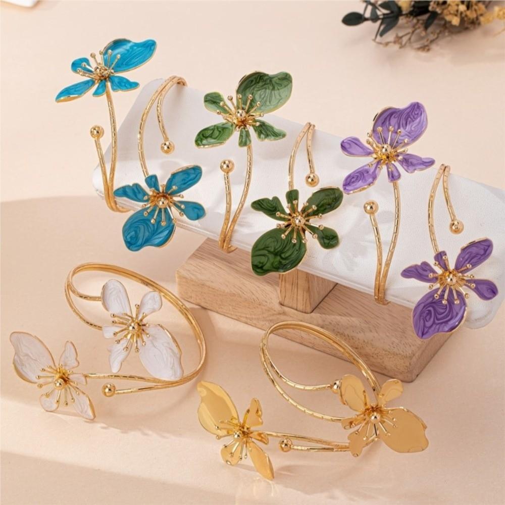Gold Color Flower Cuff Bracelet Enamel Glaze Craft Open Arm Ring Vintage Spiral Arm Bracelet  Gifts