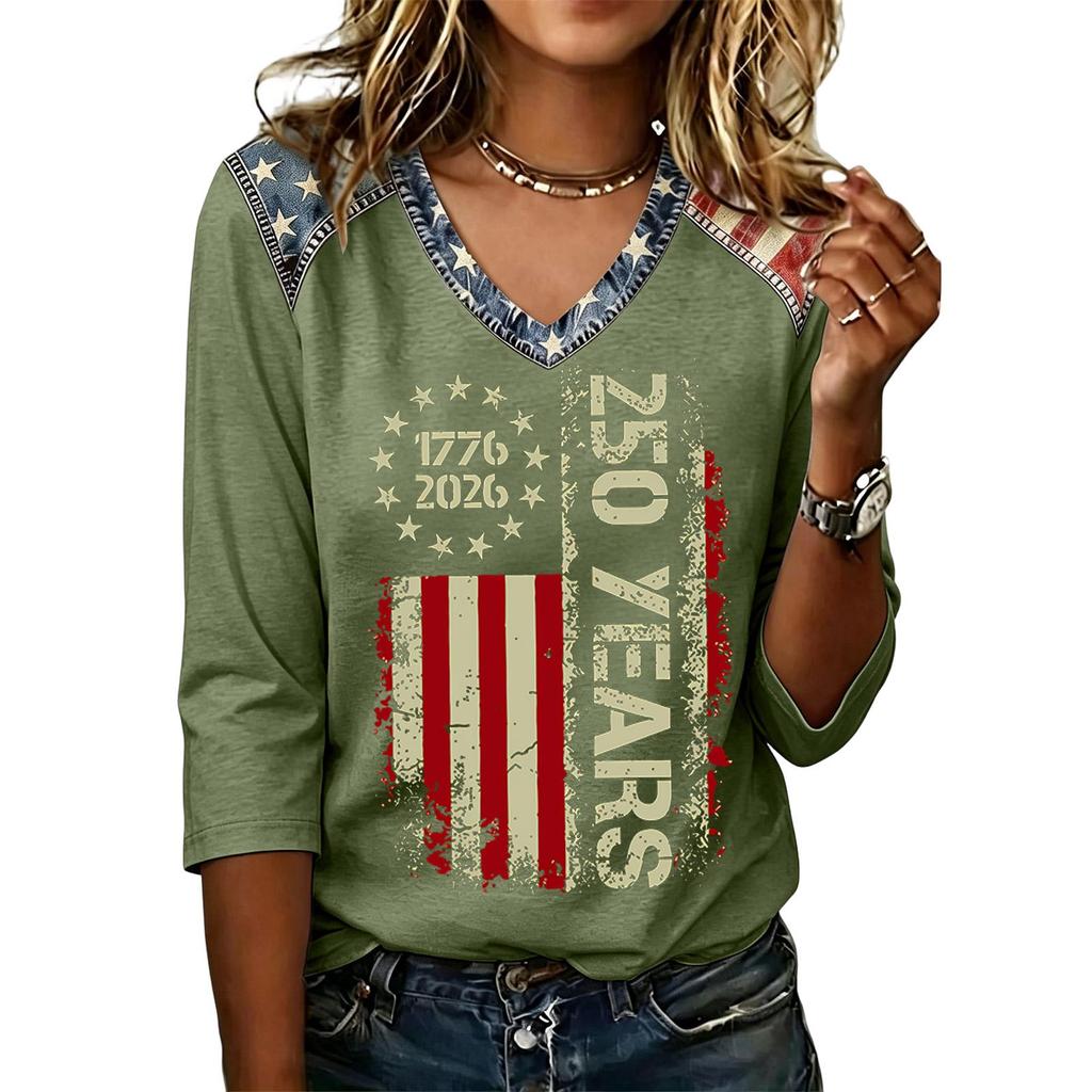 Womens Casual V Neck Top 250 Years 1776 2026 Printed Loose Fit Shirt Half Sleeve Patriotic Graphic Tee Comfortable Pullover