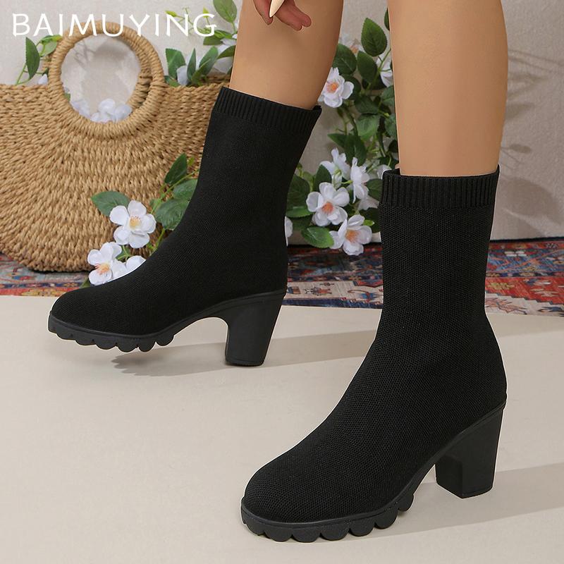 Knitting Chunky Women Mid Calf Sock Boots Designer Retro High Heels Shoes 2025 Trend Winter Classic Pumps New Botas De Mujer