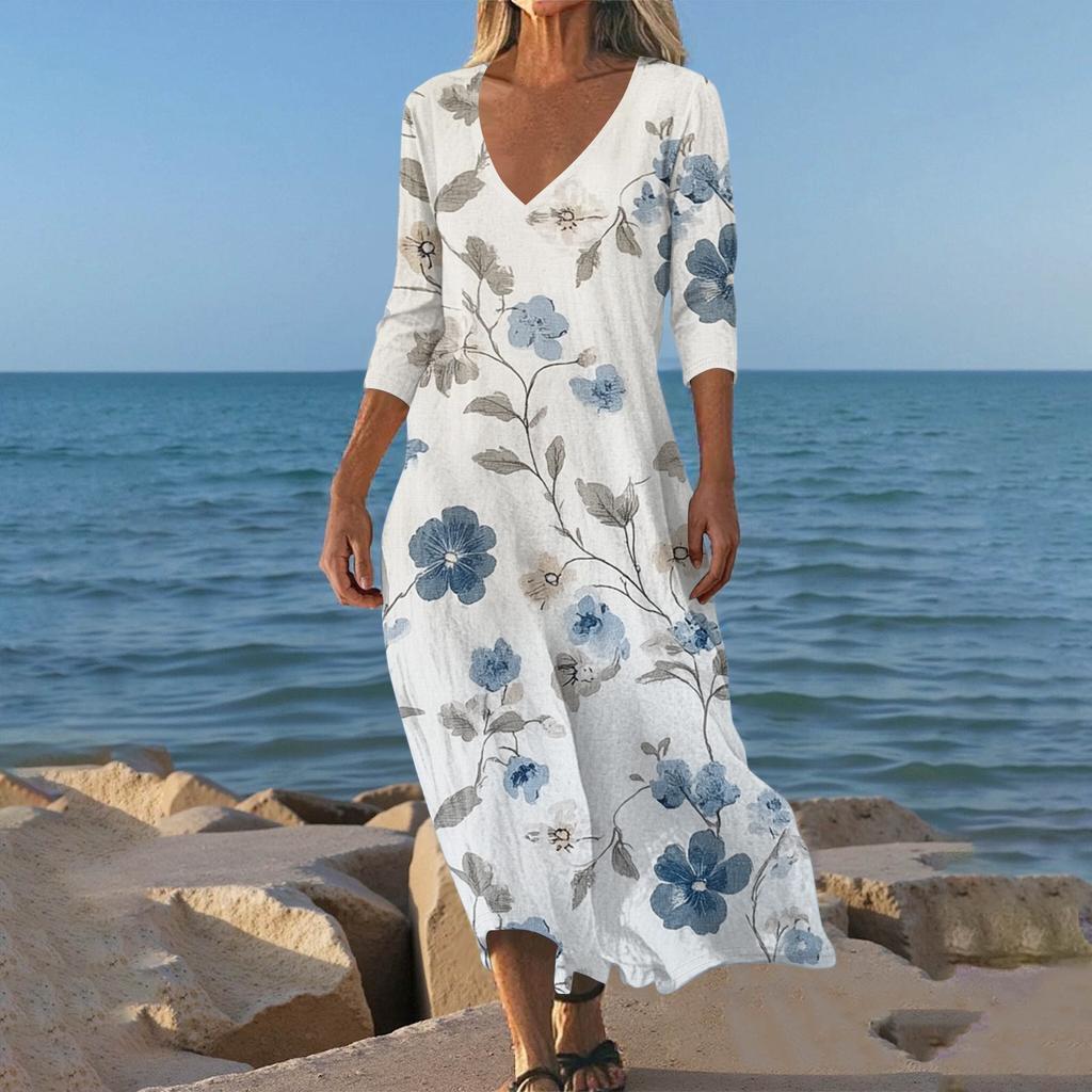 Sukienki Damskie Sukienka Midi z Tuniką w Stylu Vintage z Nadrukiem, z Wcięciem w Talii, Letnia Codzienna Sukienka z Rękawem 3/4