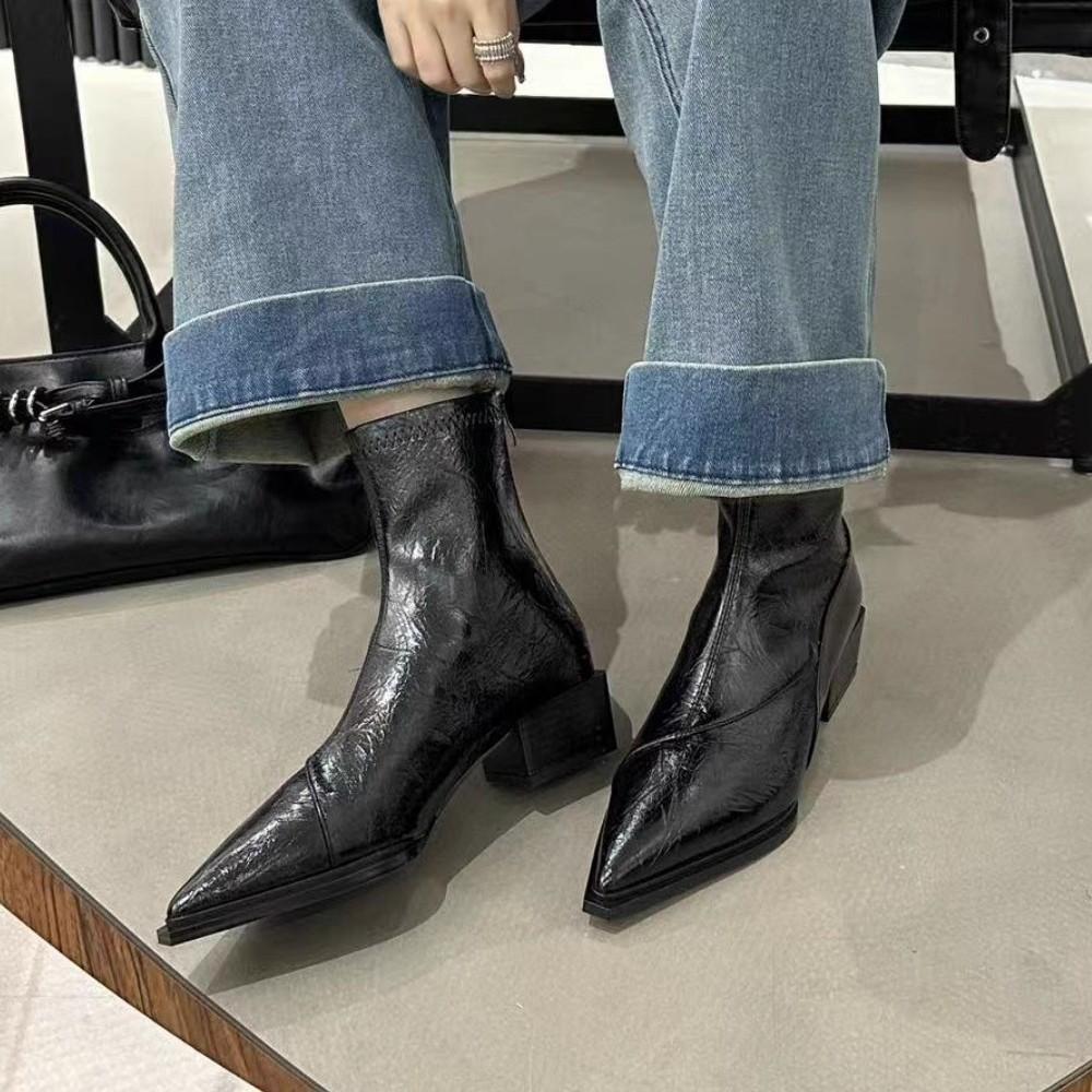 French thick heel pointed short boots women's autumn and winter thin boots middle heel rear zipper retro splicing and ankle boots