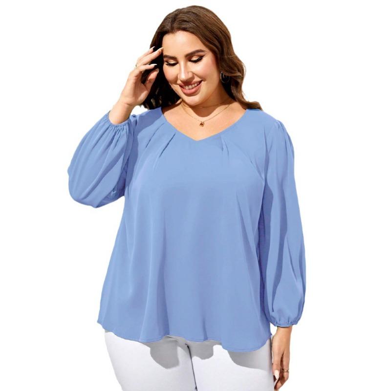 Plus Size Women V Neck Loose Long Sleeve Casual Elegant Blouse Ladies Top