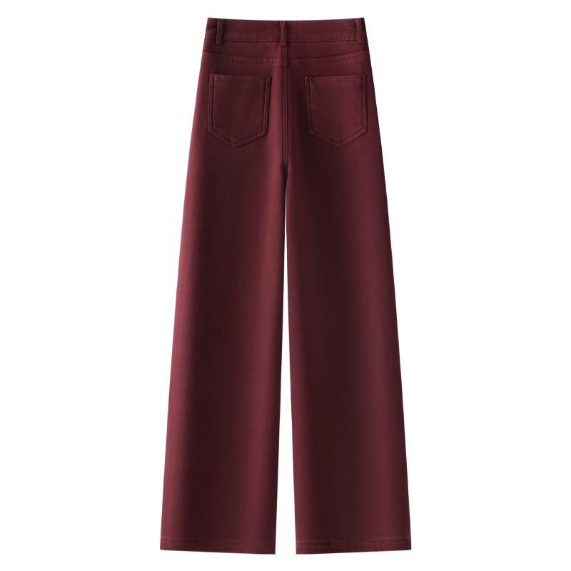 Ancola Women's 2024 Red Fleece-Lined High-Waisted Wide-Leg Jeans - Autumn/Winter Retro Style