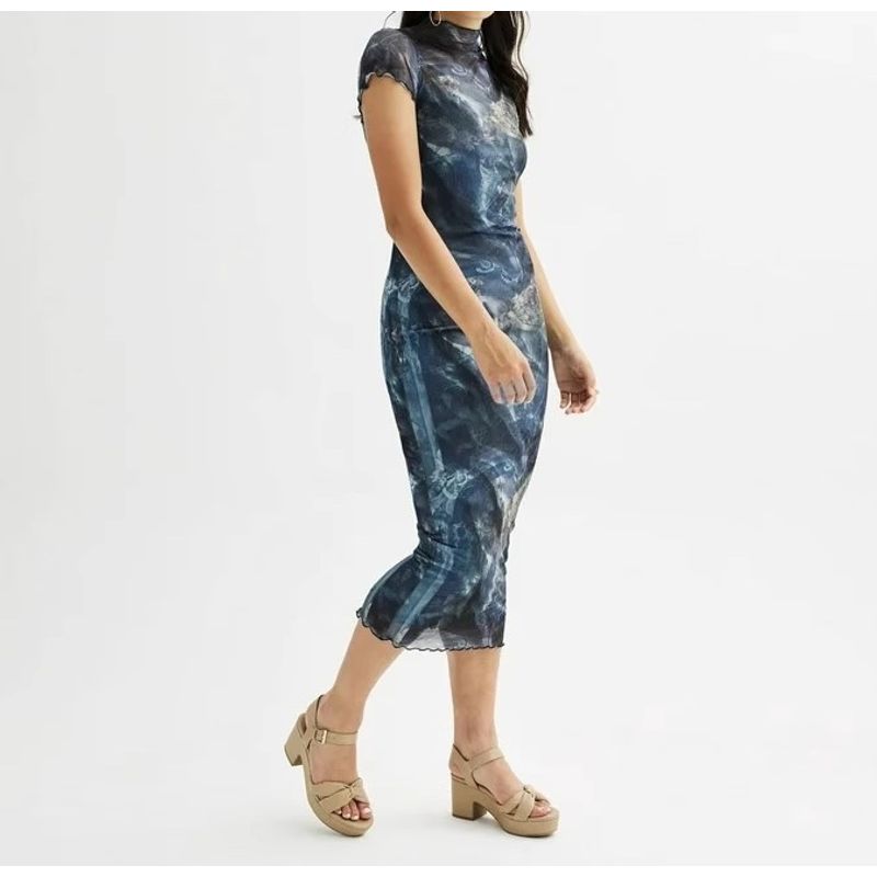 

Export Single 2025 Spring and Summer Mesh See-through Stretch Exquisite Print Short Sleeve Elegant Lace Cheongsam Dress Blue Flower XS