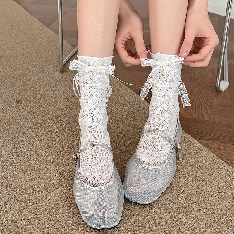 Women's Ballet-Style Mesh Mid-Calf Socks with Sweet Lace, Ribbons & Bows for Spring/Summer.