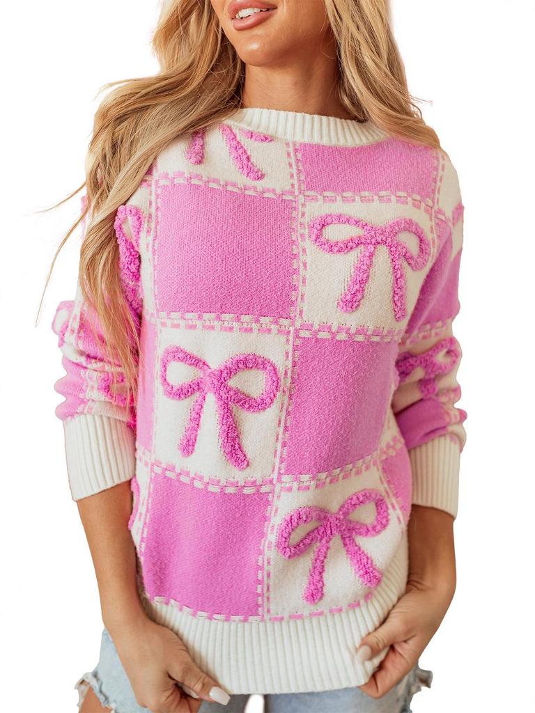 2025 Winter Women's Bow Color Block Round Neck Knitwear Sweater
