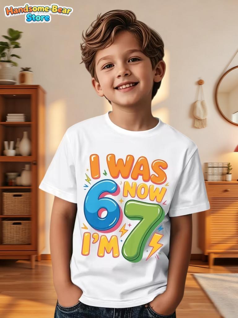 67 Meme T-Shirt for Kids 6-7 Years Old Birthday Party Gifts Summer Short Sleeve Tees Crew Neck Graphic Y2k Children's Clothing