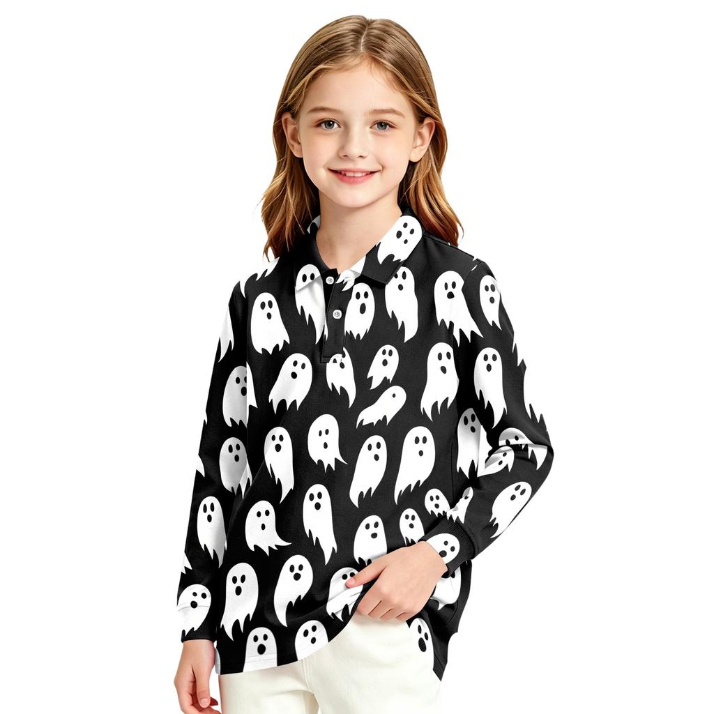 Girls' Long Sleeve Halloween Print School Uniform Blouse for Casual and Formal Wear