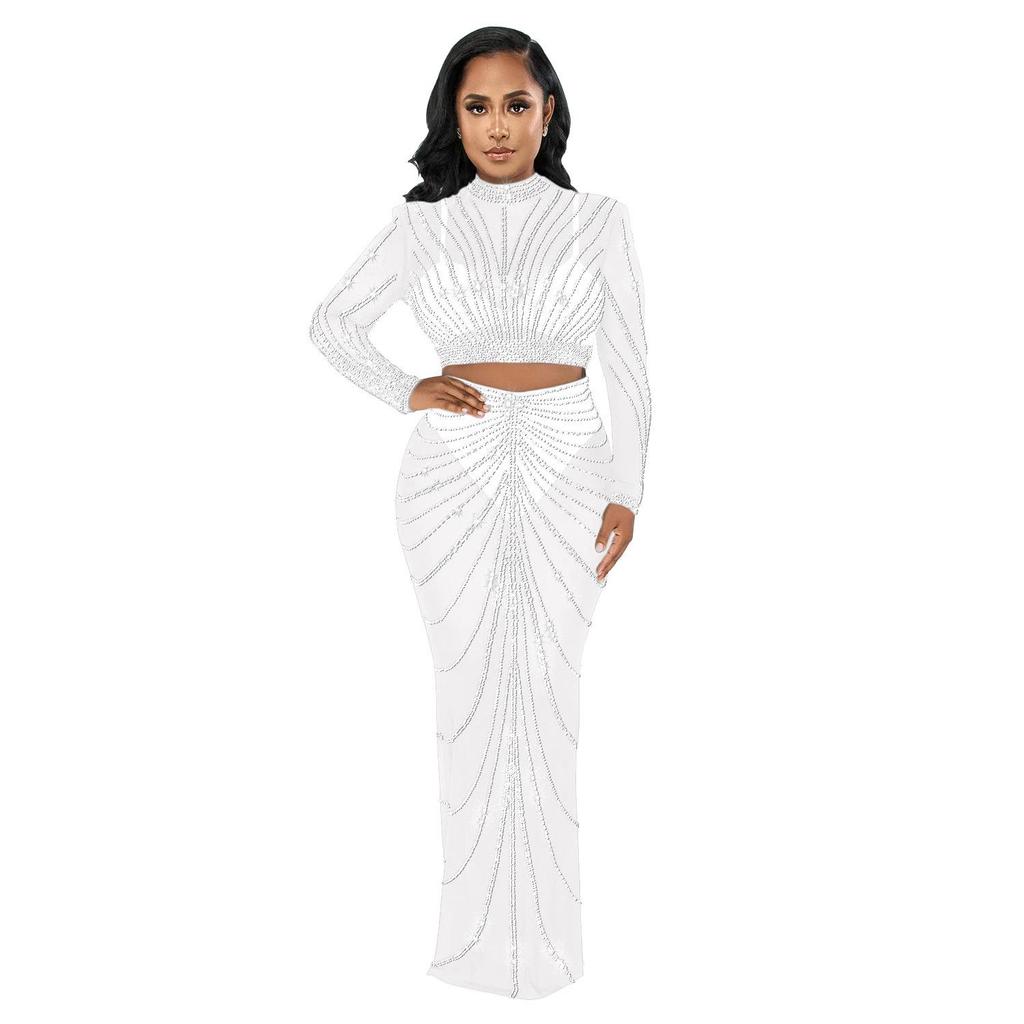 C6028 European & American Fashion Mesh Hot Drill See-through Long Sleeve Dress Two-piece Set for Women