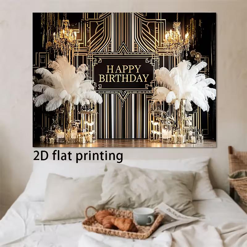 Sfondo 2D Art Déco Buon Compleanno, Decorazioni Festa Gatsby Nero Oro