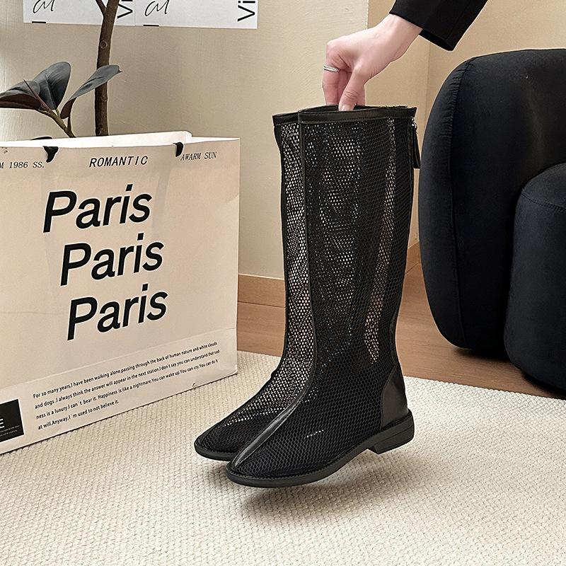 Retro design hollow breathable mesh cool boots summer new versatile high heels temperament sandals