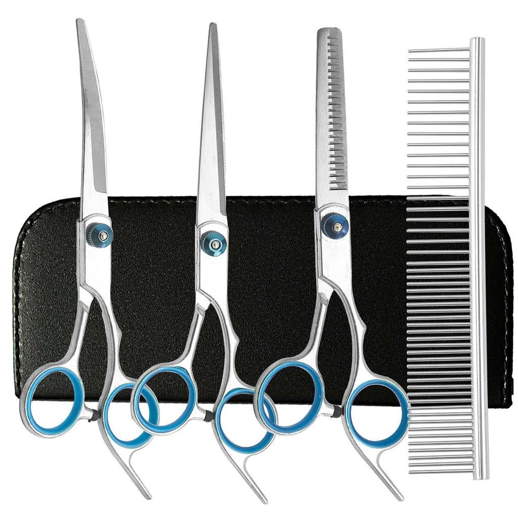 Portable Pet Grooming Scissor Set: Flat & Curved Hairdressing Tools