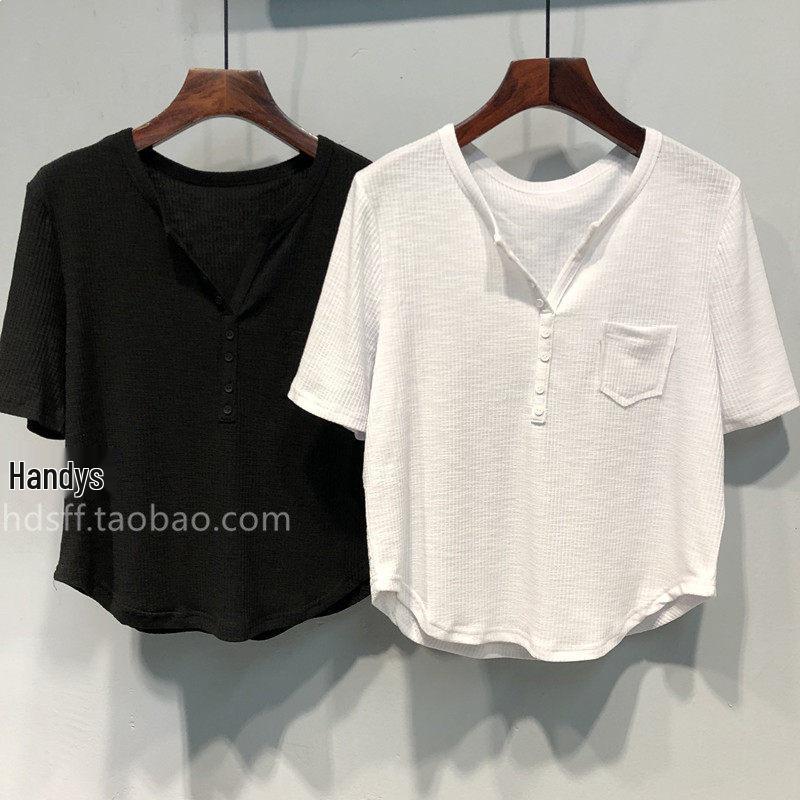 

ZDM Plus Size Ulzzang Solid Color Pocketed Ribbed Cotton Women s Casual Short-Sleeved T-Shirt 2XL (for 70-80 kg)