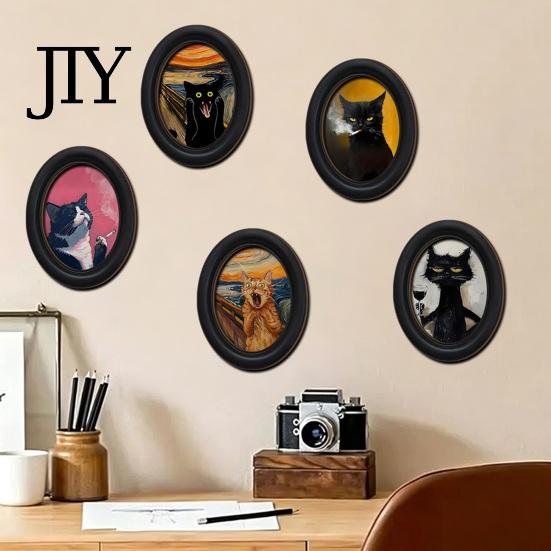 Modern Wood Wall Decoration Abstract Art Cat Decor, Oval 2D Framed Funny Painting Contemporary Birch Print, Vintage Ornament for Living Room